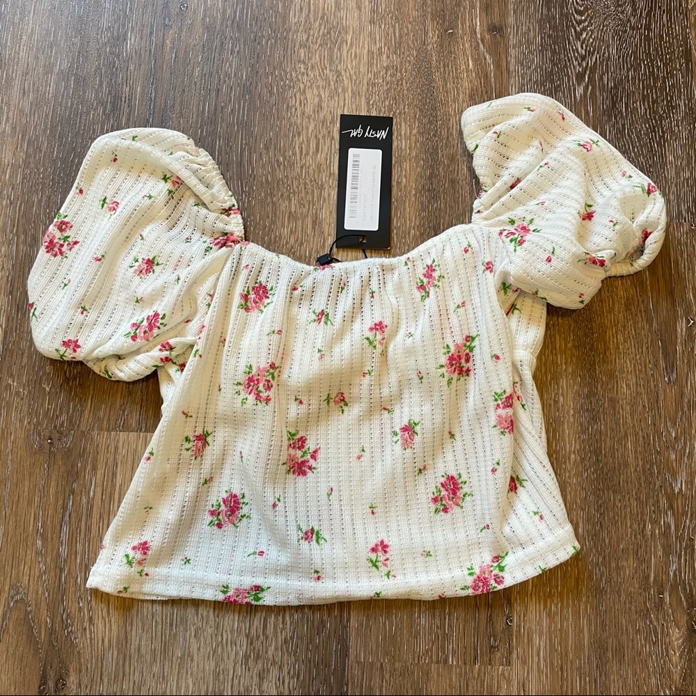 Ribbed Floral Square Neck Puff Sleeve Top NWT - Picture 4 of 4